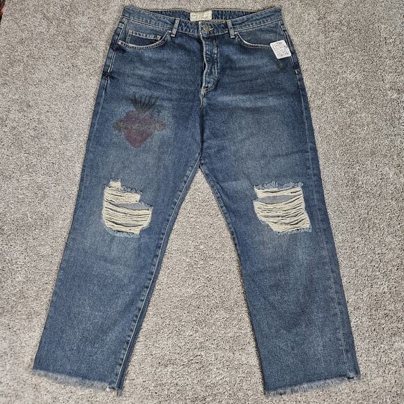 Free People Jeans Womens 31 Blue Ripped Boyfriend Tattoo Distressed Grunge Punk